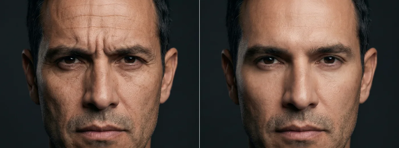 Comparación antes y después de toxina botulínica — hombre